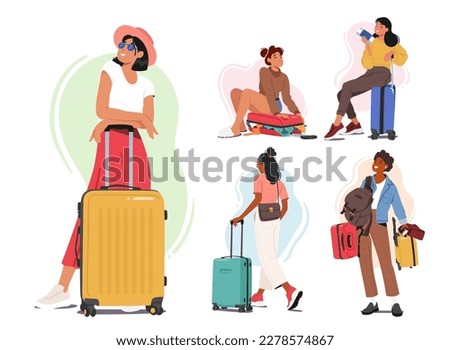 Set of Women Characters with Suitcases And Bags Heading Towards The Airport Or Train Station. Concept for Travel or Lifestyle Blogs, Promotional Content For Luggage. Cartoon People Vector Illustration Royalty-Free Stock Photo #2278574867