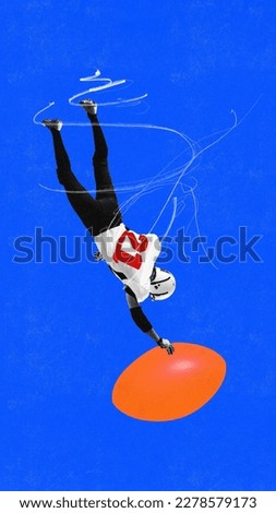Male professional american football player in uniform catching ball in motion over blue background. Contemporary art collage. Bright colorful design. Concept of youth, sportive lifestyle, competition