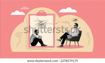 Contemporary art collage, design. Man having session with psychologist, talking about life problems. Mental health care. Professional assistance. Concept of psychotherapy, support, consultation