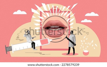 Hyaluronic acid filler injection, mesotherapy procedures. Beautiful red female lips. Cosmetology moisturizing procedures and beauty concept banner. Contemporary art collage, design for advertisement. Royalty-Free Stock Photo #2278579239