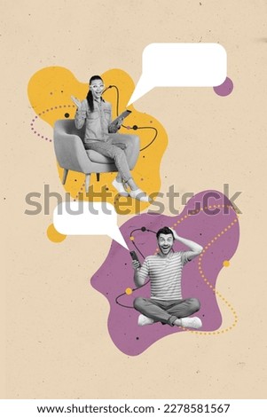 Vertical artwork collage of two mini excited astonished black white colors people sit armchair use smart phone tablet communicate empty space bubble