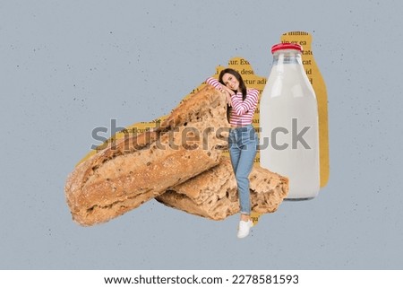 Creative collage picture of mini positive girl lean big fresh baked baguette glass bottle milk isolated on grey background