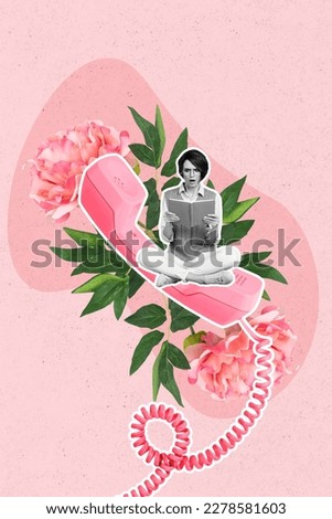 Vertical collage picture of impressed mini black white effect girl sit huge cable telephone read book fresh flowers isolated on pink background