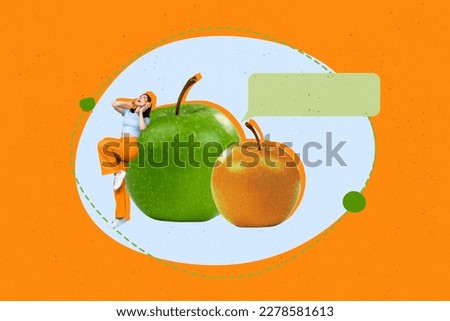 Composite collage picture of cheerful carefree mini girl enjoy listen music headphones huge apple fruit isolated on orange background