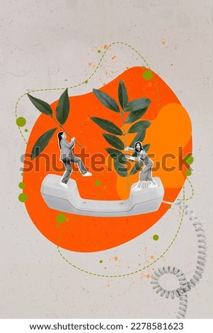 Vertical collage picture of two overjoyed mini black white colors girls stand big handset telephone hold plant leaves isolated on drawing background