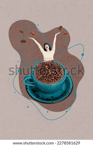 Vertical collage picture of mini excited positive black white colors girl big fresh coffee beans cup isolated on drawing background