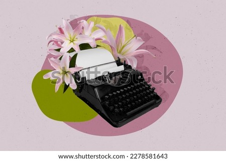 Composite collage picture of retro type machine fresh lily flowers isolated on drawing creative background
