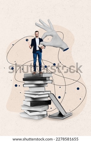Vertical collage picture of big black white effect arm hold mini teacher man stand pile stack book isolated on drawing background Royalty-Free Stock Photo #2278581655