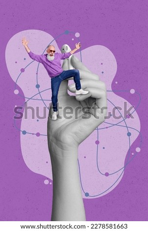 Vertical collage picture of black white gamma arm fingers hold wireless earphone mini grandfather have fun dancing isolated on purple background