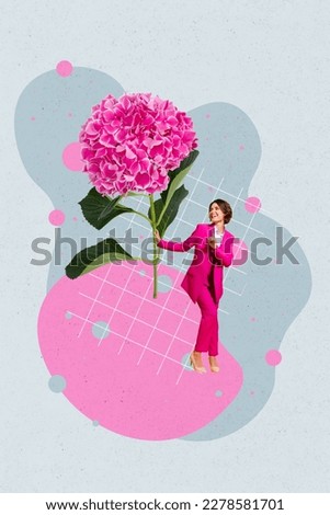 Vertical collage image of positive classy mini girl dancing arm hold big fresh flower isolated on creative background