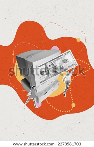 Vertical collage picture of two excited mini black white gamma people hold huge dollar bill banknote pc monitor isolated on creative background
