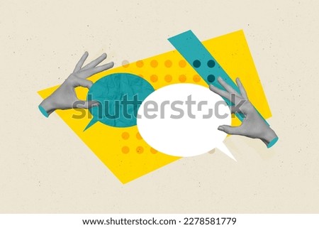 Composite collage picture of two people black white gamma arms fingers hold empty space dialogue communication bubble Royalty-Free Stock Photo #2278581779