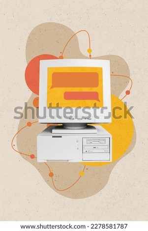 Collage design photo advertisement messenger for every retro device gadget old computer chatting dialogue isolated on beige color background