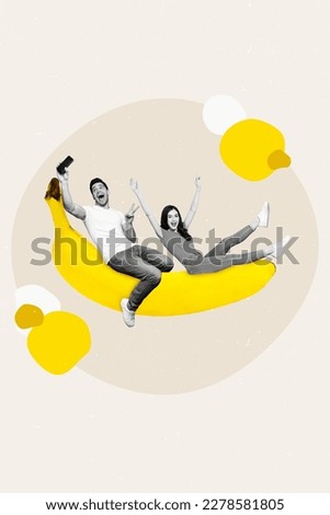 Creative artwork collage of two mini excited black white gamma people sit huge banana fruit use smart phone make selfie show v-sign