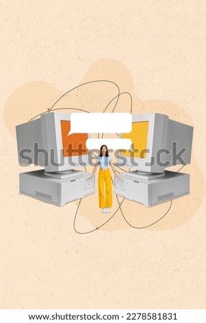Creative composite picture collage of young excited funny girl chatting communication app retro computer income messages isolated on beige background