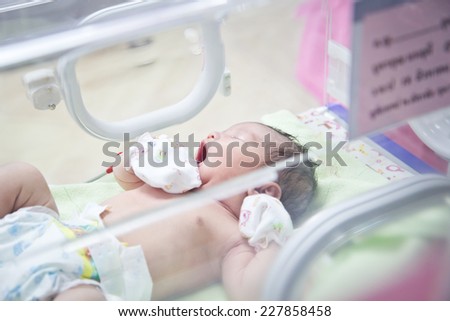 first day of asian newborn baby in Incubator care at nursery Royalty-Free Stock Photo #227858458