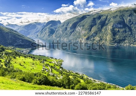 the sognefiord, or fiord of dreams and the village of Aurland seen from above in a beautiful landscape Royalty-Free Stock Photo #2278586147
