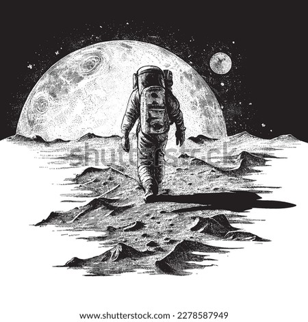 Hand Drawn Engraving Pen and Ink Astronaut Walking in the Moon Vintage Vector Illustration Royalty-Free Stock Photo #2278587949