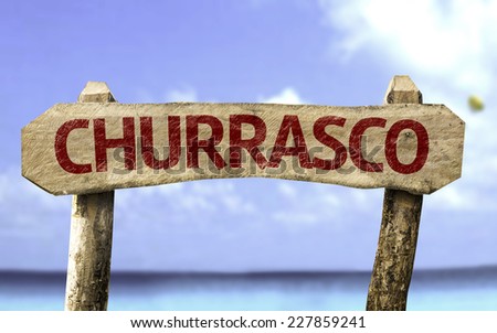 Barbecue (In Portuguese) wooden sign with a beach on background