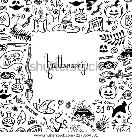 Vector hand drawn background. Set Halloween pictures in doodle style. Line art illustrations 