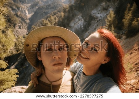 Beautiful couple selfie in Turkey in mountain near sea sunglasses