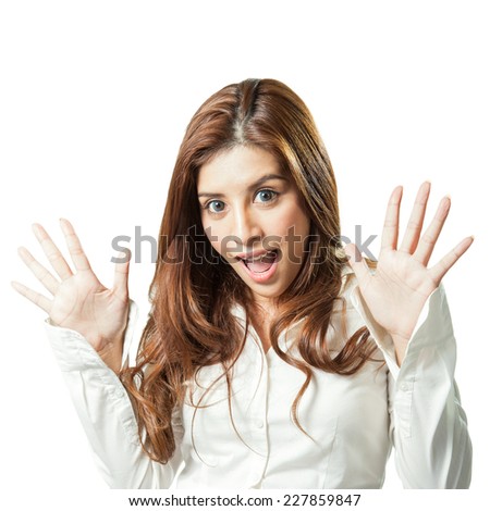 Brunette beauty businesswoman excited surprised woman holding her head in surprise. Isolated on white background.