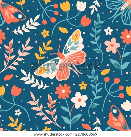 Whimsical spring seamless pattern.Fun Moon Moth. Mystery luna print with butterfly, herbs and flowers.Bloomy boho graphic. Celestial floral folk art, vintage bohemian fabric. Royalty-Free Stock Photo #2278603669