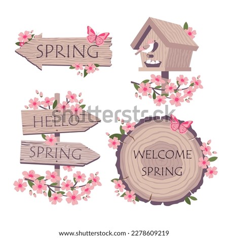 Spring blooming and wooden elements set. Cherry blossoms and a wooden birdhouse. A road sign with the greeting HELLO SPRING. Illustrated vector element collection.