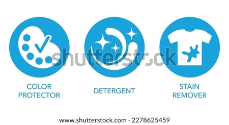Laundry liquid flat blue icons set - Color Protection, Stain Remover, Detergent Royalty-Free Stock Photo #2278625459