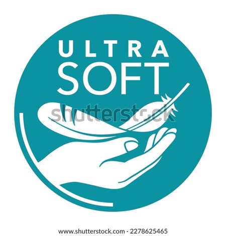 Ultra Soft - flat icon of properties for toilet paper, napkins, towel or woman hygiene. Isolated vector stamp with hand touching feather Royalty-Free Stock Photo #2278625465