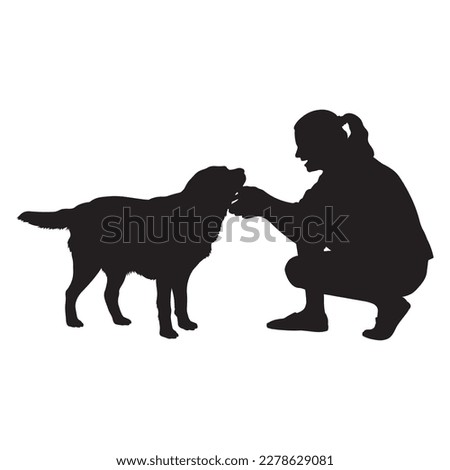 Young woman touching a dog vector silhouette.