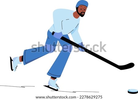 Vector image, a guy in a blue-green sweater and blue pants plays hockey