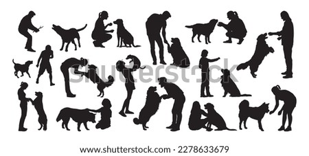 People playing with dog various collection set vector silhouette.