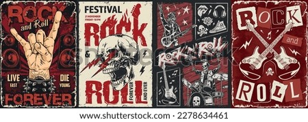 Rock forever set colorful flyers with rocker gesture or skeletons with words rock and roll grunge style vector illustration Royalty-Free Stock Photo #2278634461