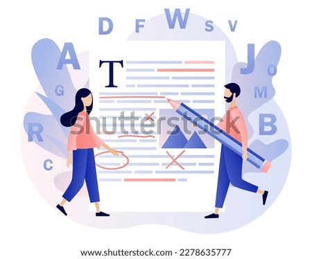 Editor and copywriting services. Online editing. Tiny people copywriters checking grammar and spelling document page. Modern flat cartoon style. Vector illustration on white background Royalty-Free Stock Photo #2278635777