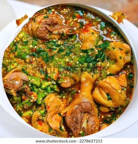 Obe ila Alasepo stew (Okra Okro Soup). Though traditionally enjoyed with beef, Obe Ila Alasepo is delicious with shrimp, goat or lamb Royalty-Free Stock Photo #2278637215