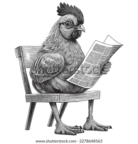 Hand Drawn Engraving Pen and Ink Chicken Sitting on a Chair Reading a Newspaper Vintage Vector Illustration Royalty-Free Stock Photo #2278648563