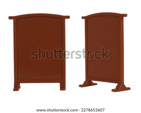 Information plastic sign board brown signpost stand display frame blank billboard. Information stand two angles on white background