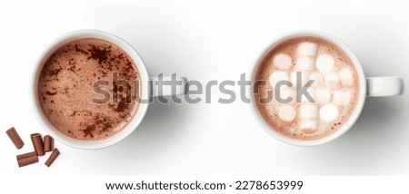 two white mugs with hot chocolate, with and without chocolate powder, isolated over a transparent background, hot drink - beverage design element, flat lay - top view