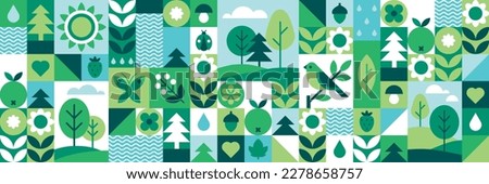 Modern geometric background. Abstract nature: forest, trees, leaves, flowers, birds, butterflies, fruits and berries. Set of icons in flat minimalist style. Seamless pattern. Vector illustration.  Royalty-Free Stock Photo #2278658757