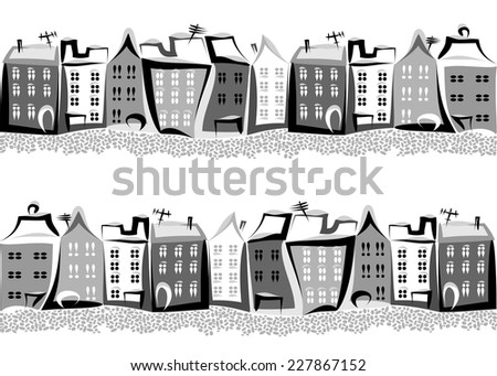 Seamless winter pattern with street of old town with black and grey houses and paving stone on the white background.