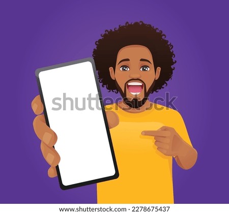 Handsome African American man showing pointing to the blank phone screen vector illustration on purple background