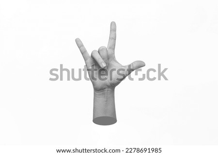 Female hand showing three fingers signifying the rock gesture isolated on white background. Sign of the horns. Trendy 3d collage in magazine style. Contemporary art. Modern design Royalty-Free Stock Photo #2278691985