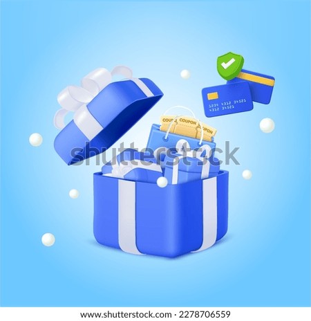3d giftboxes with shopping bag and credit card. Box opening with bag, coupons, vouchers, debit card and check mark. Promotion marketing, sale marketing, bonus, benefits. 3d vector illustration.