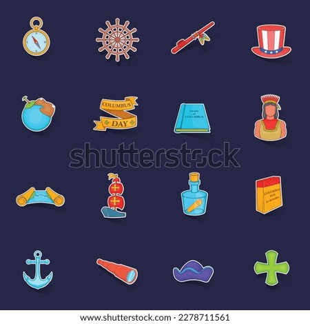 Columbus Day icons set stikers collection vector with shadow on purple background
