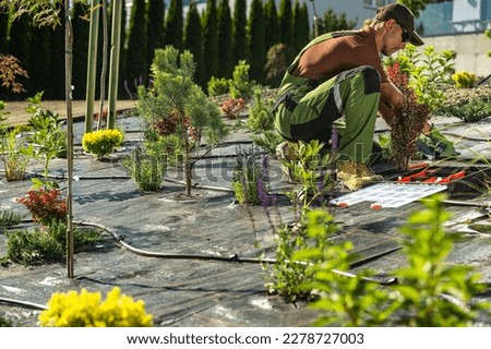 Caucasian Landscaping and Gardening Contractor in His 40s Building Drip Irrigation System in Backyard Garden Royalty-Free Stock Photo #2278727003