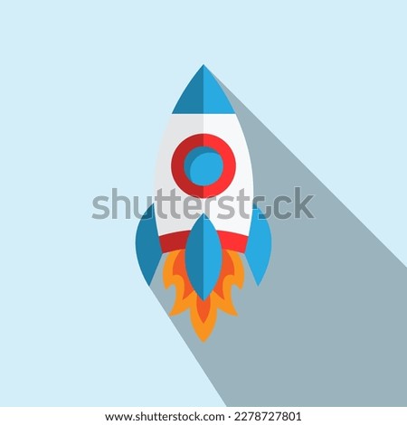 Flat rocket launch isolated vector with shadow on light blue background. Business startup, space concept. For illustration, marketing, infographic vector, web design.