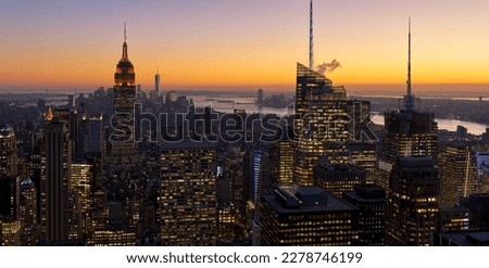 New York City aerial view of midtown Manhattan skyscrapers and Hudosn River at sunset Royalty-Free Stock Photo #2278746199