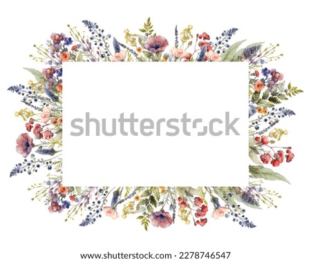 Watercolor painted floral frame on white background. Blue, pink and yellow wild flowers, branches, leaves and twigs. Royalty-Free Stock Photo #2278746547