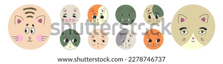 Diverse mascots, black eyes cats. Cute avatars, variety emoticons, cat clip art. Vector design with creative shapes
